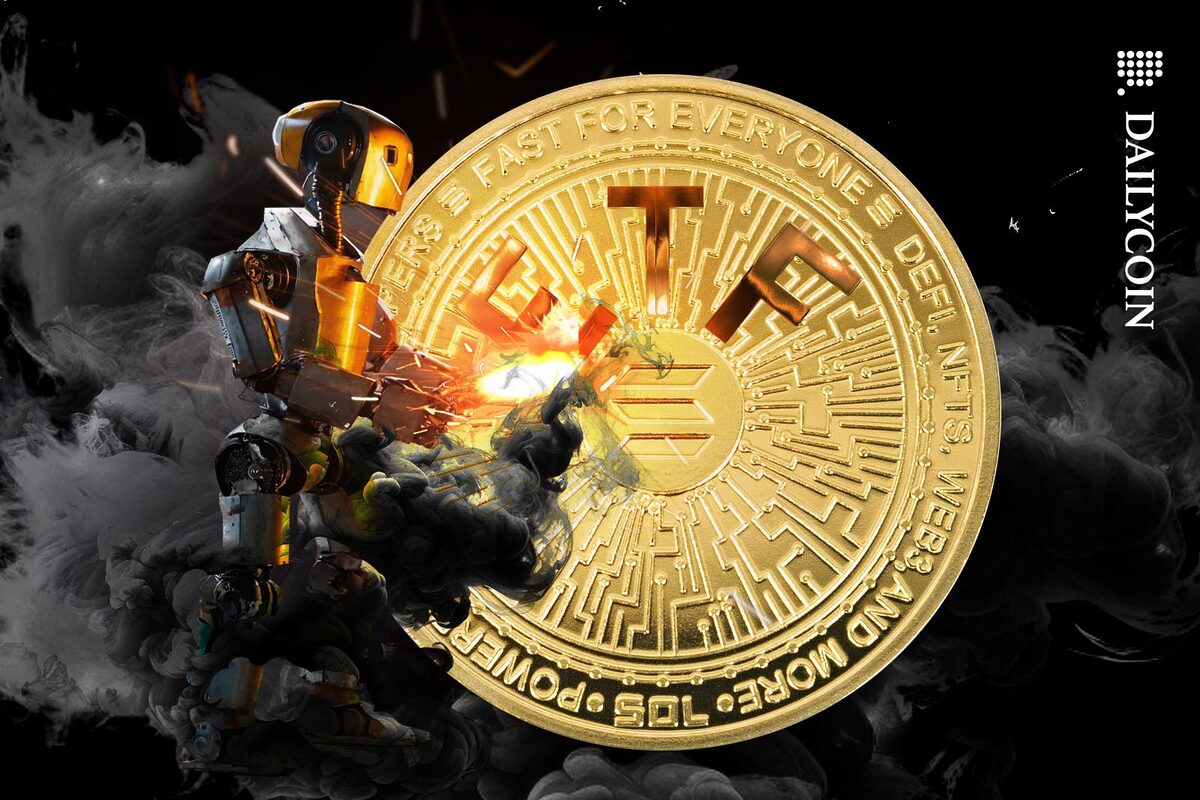 Robot welding a Solana ETF coin surrounded by smoke.
