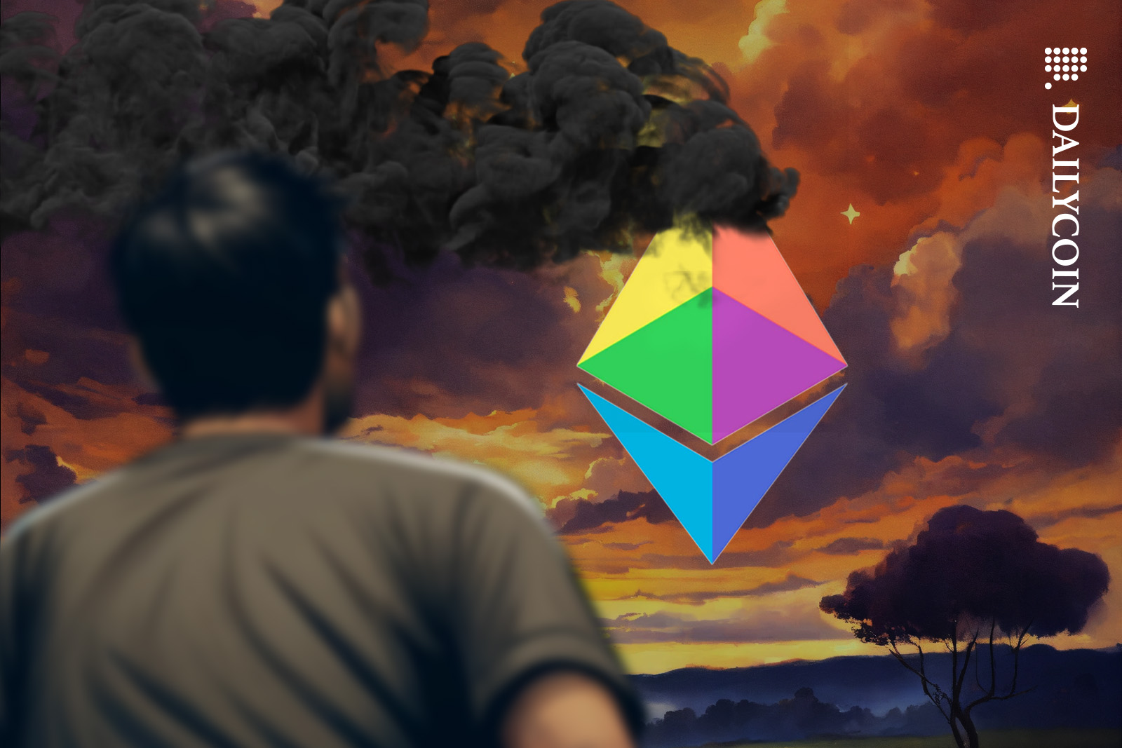 Man staring at a smoking Ethereum Foundation logo in the sky.