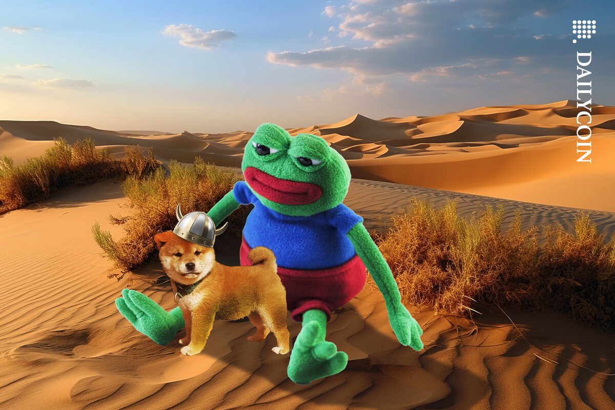 Pepe the frog and a Shiba Inu pup sitting together in a desert.
