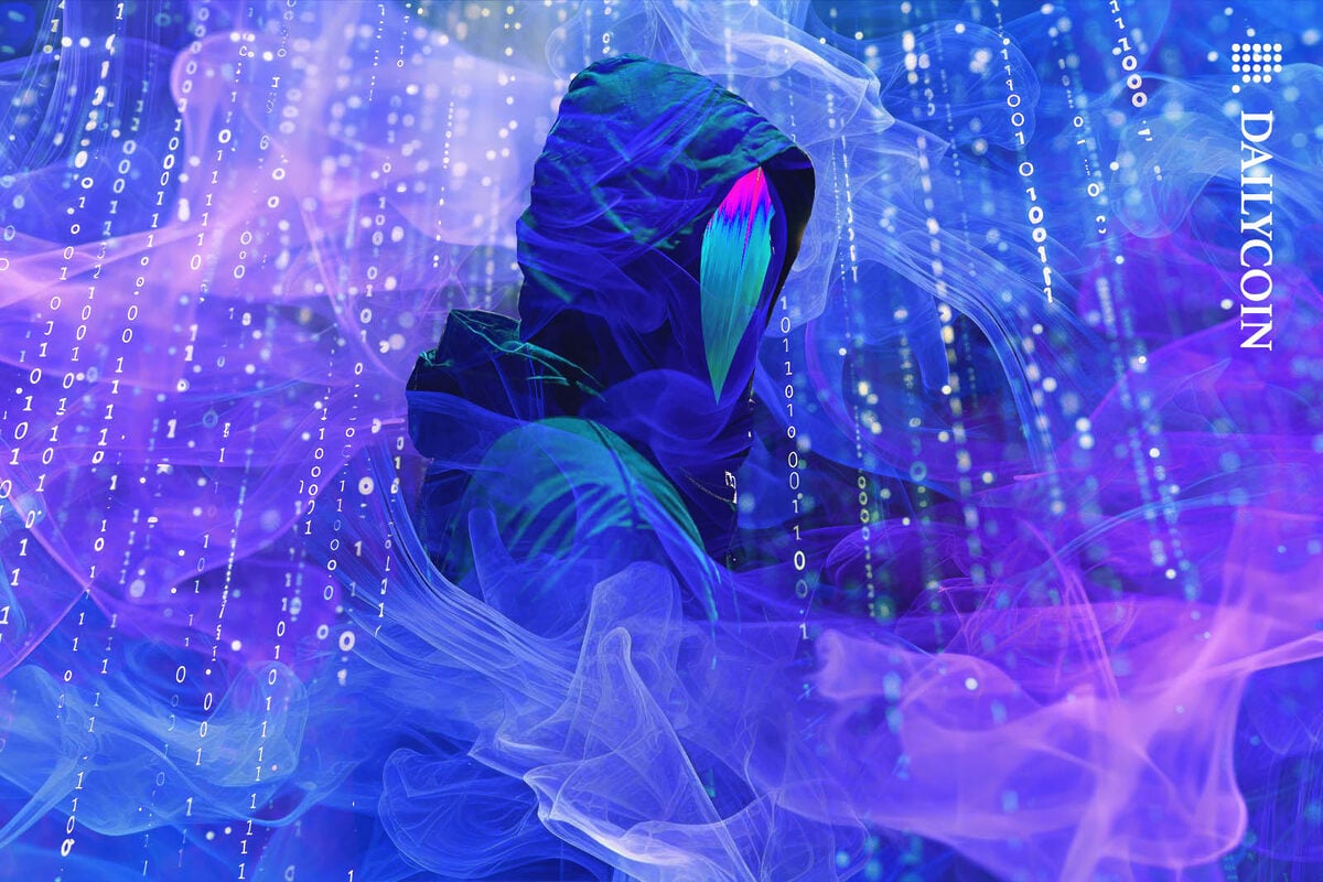 A hacker appearing out of a digital smoke background.