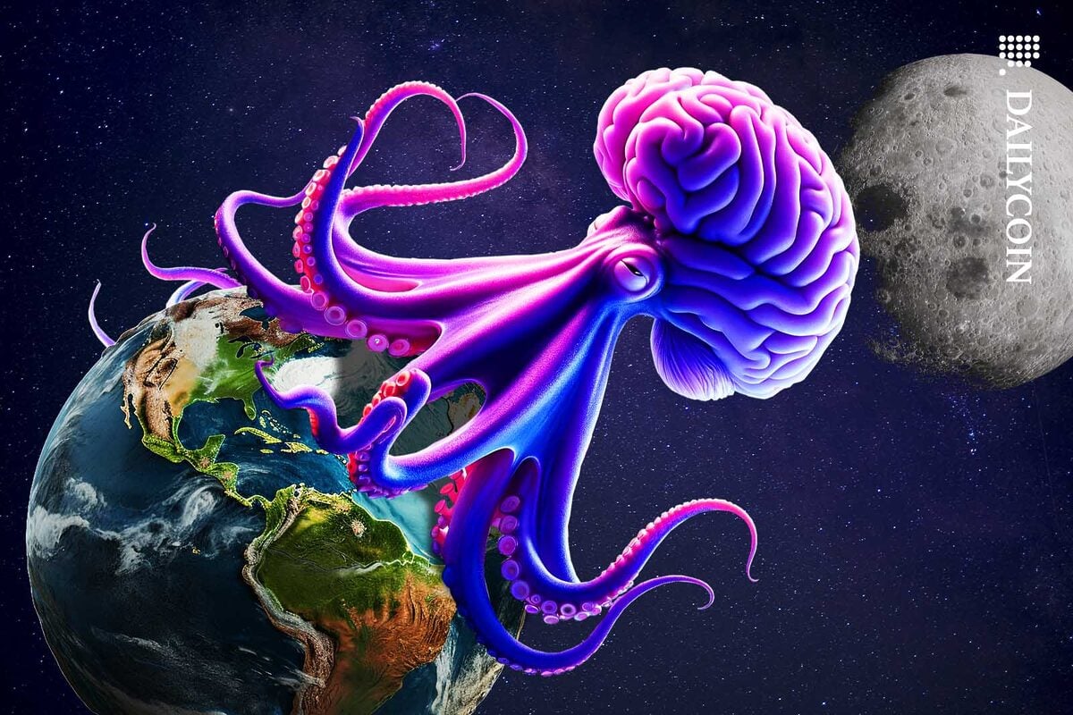 Gigantic purple octopus with huge brain engulfing Earth.