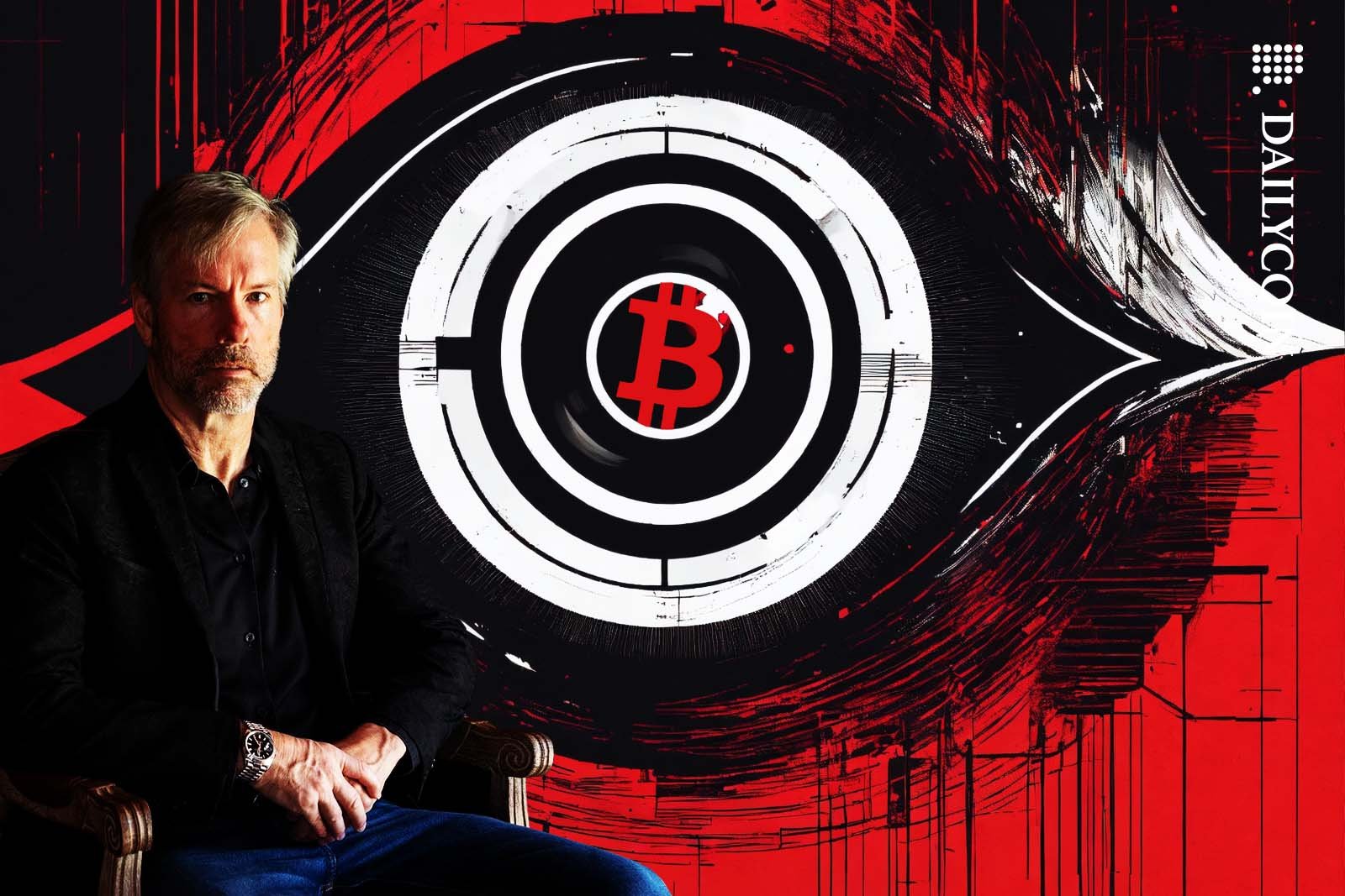 Michael Saylor of Microstrategy sitting infront of a huge Bitcoin Eye painting in 1984 cover art style.