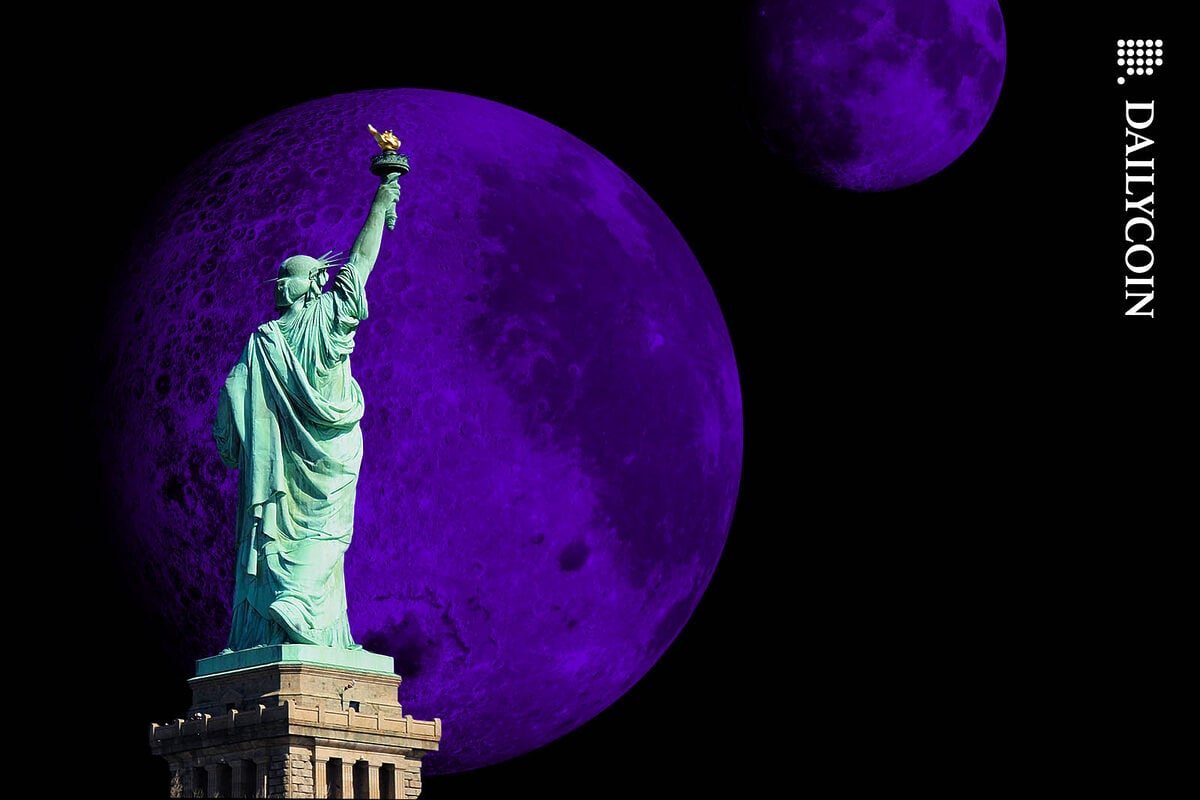 Statue of Liberty facing two large purple moons on the night sky.