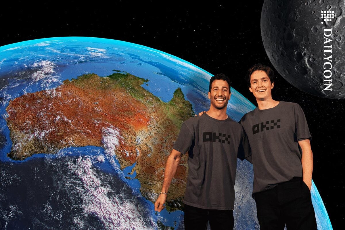 Daniel Riccado and Scotty James posing next to Australia in space.