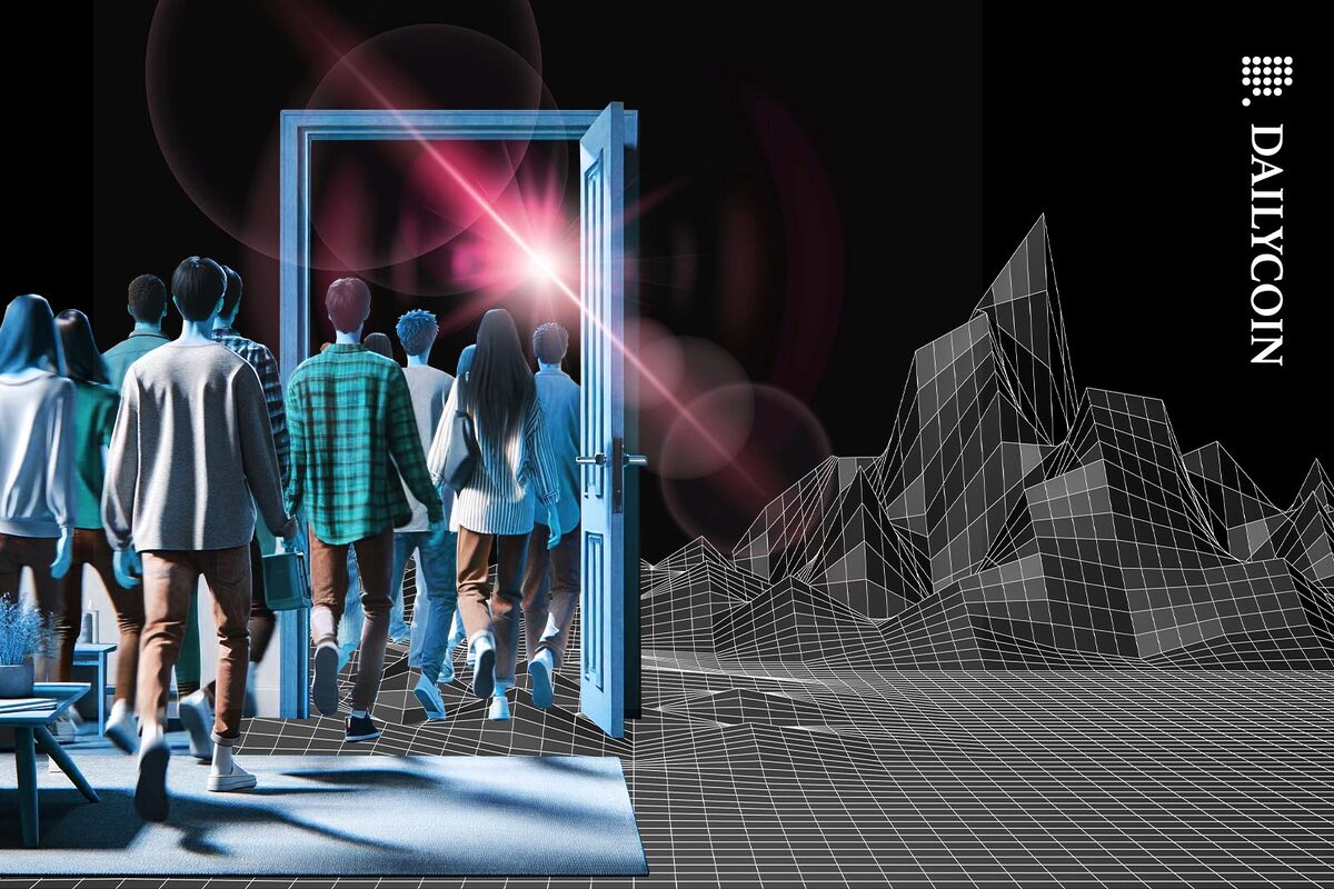 People leaving through a blue door in a wireframe environment.