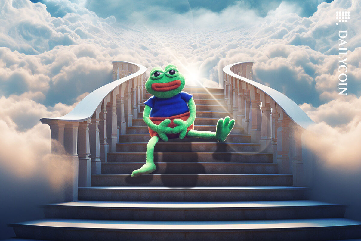 Pepe the frog chilling on the stairway to Heaven with a smile on his face.