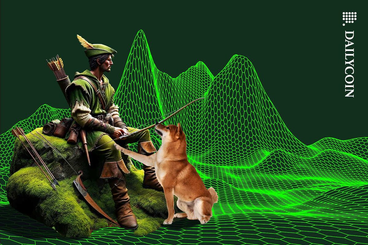 Sad Robin Hood sitting on a rock being approached by a Shiba Inu.