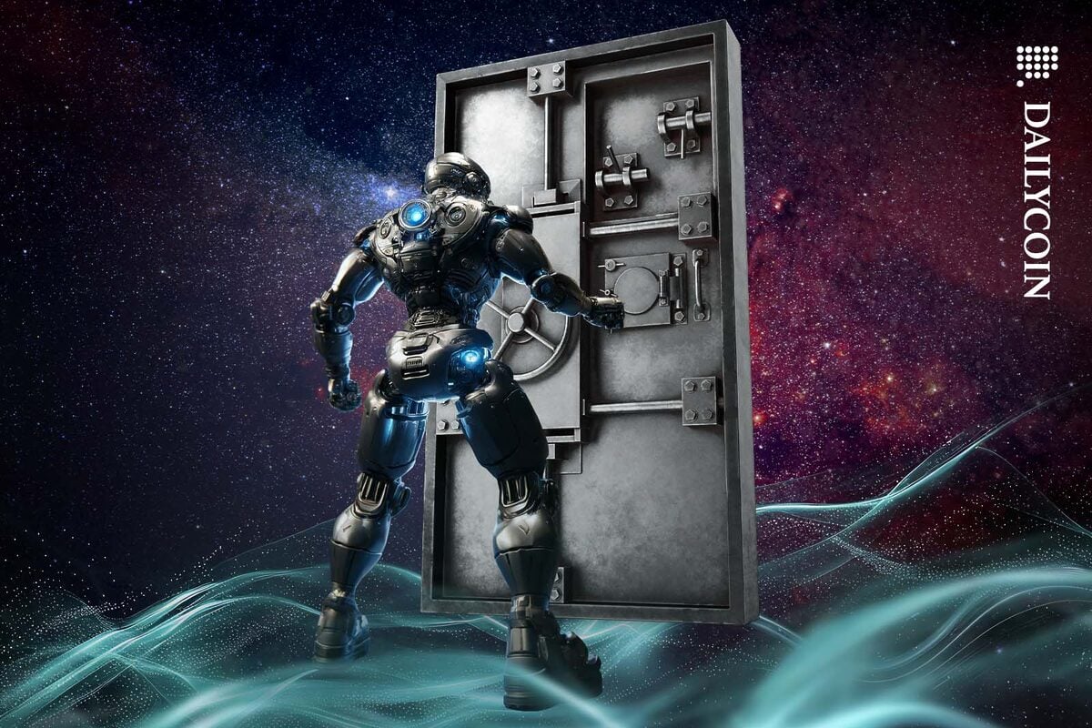 Robot knocking on a solid metal door in space.