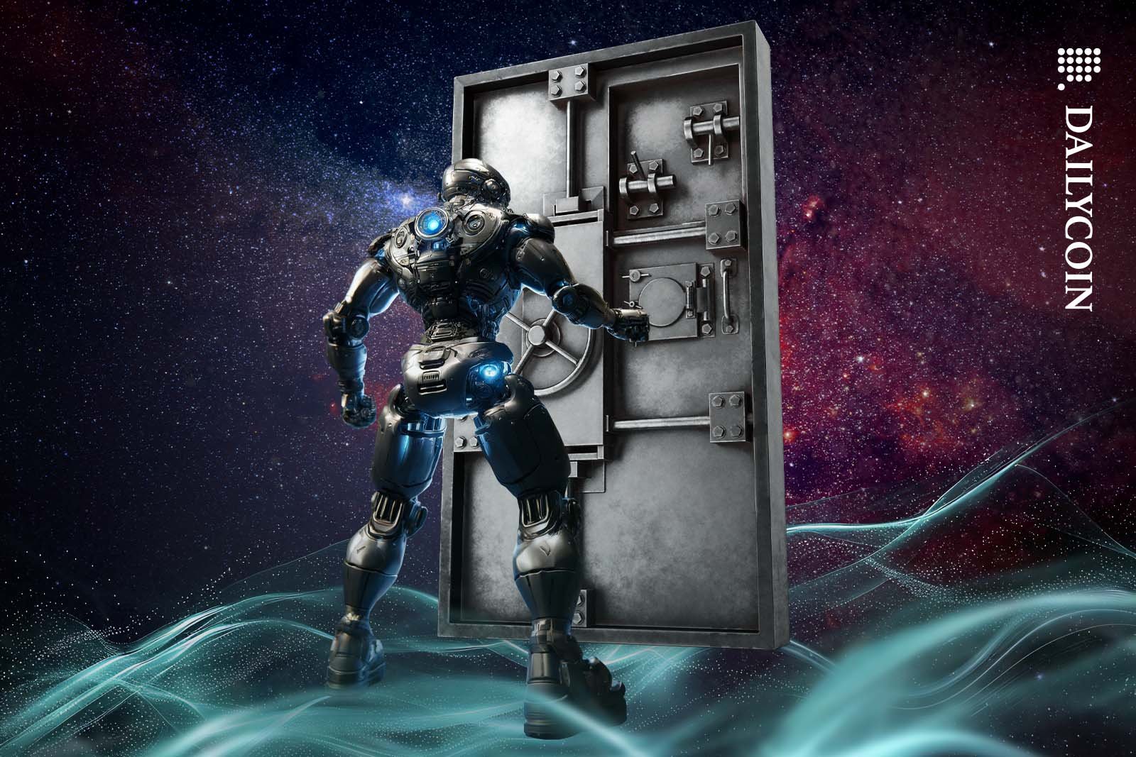 Robot knocking on a solid metal door in space.