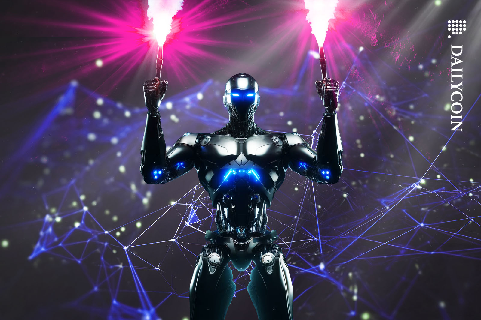 Robot holding up two flares in a digital environment.