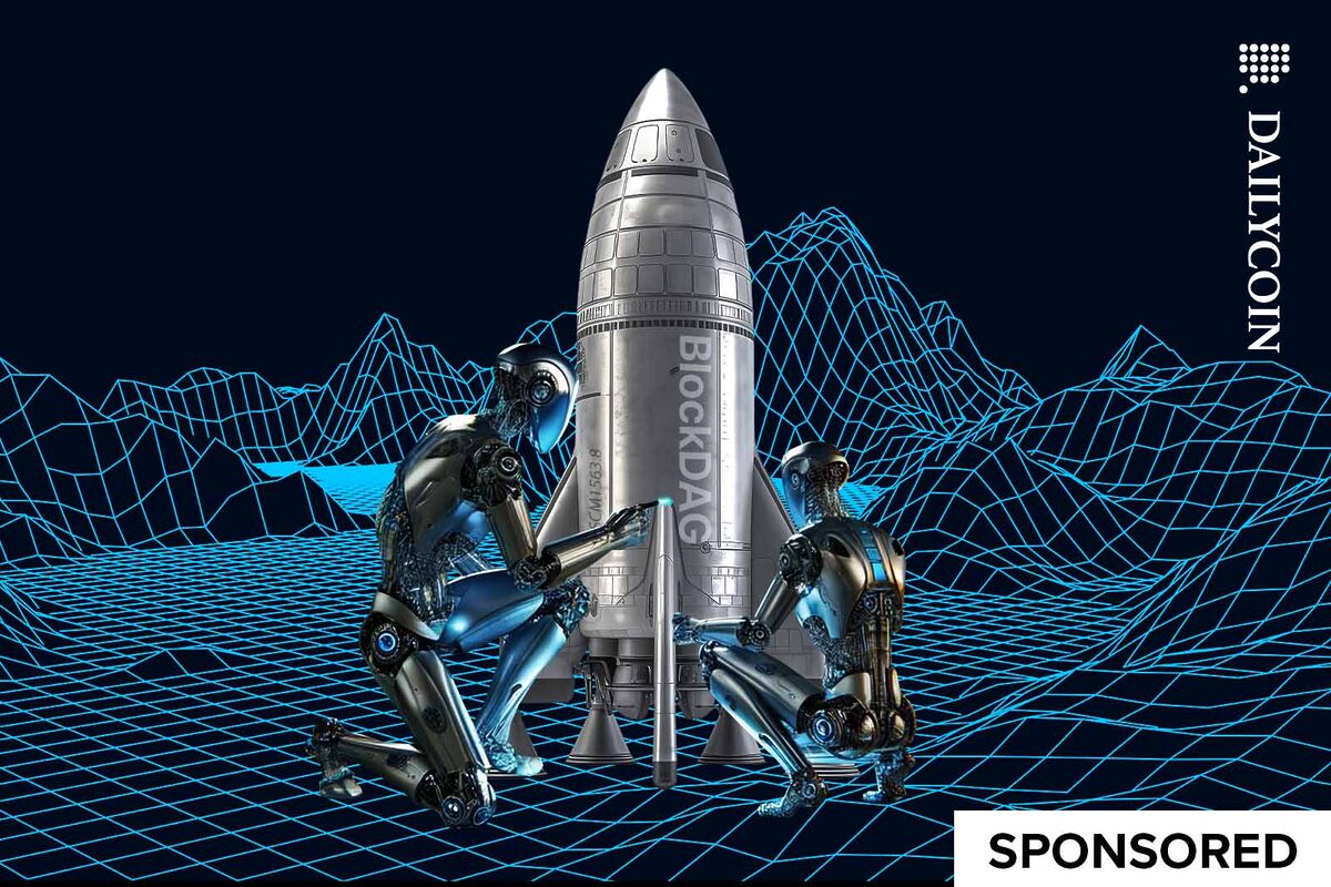 Two robots getting a rocket ready for launch in a digital wireframe landscape.