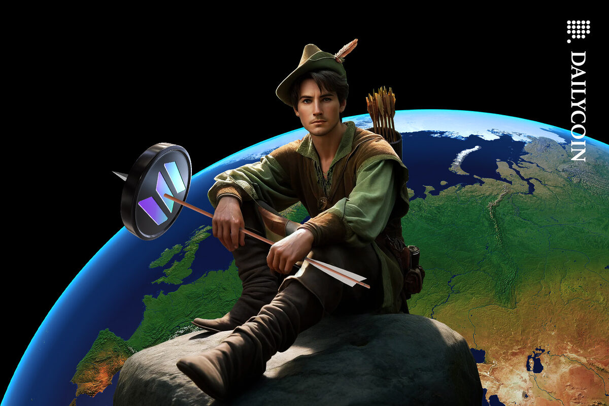 Robin Hood sitting on a rock infront of a globe with a Solana coin skewered on an arrow in his hand