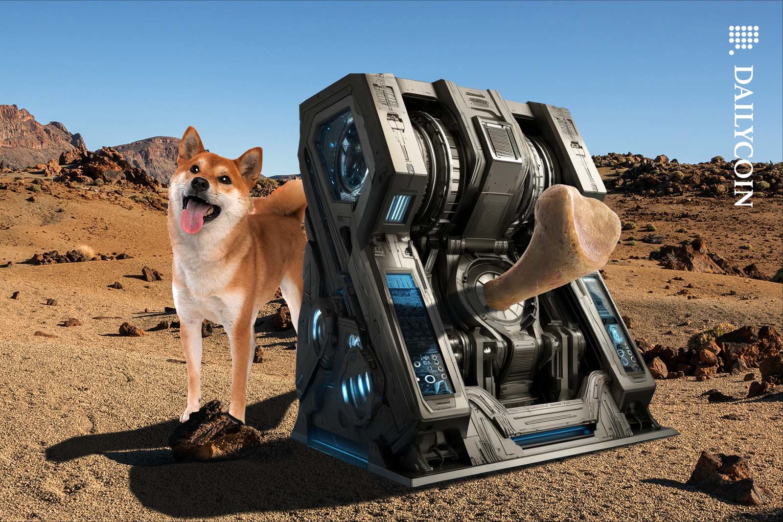 Smiling Shiba Inu dog in the desert standing next to a huge robot spitting out a large bone.