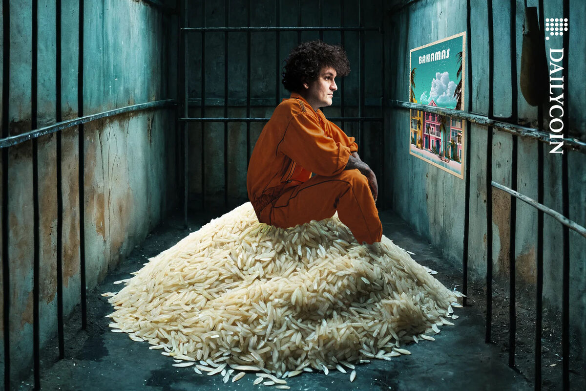 Sam Bankman Fried sitting on top of a pile of rice in a prison cell looking at a Bahamas travel poster.