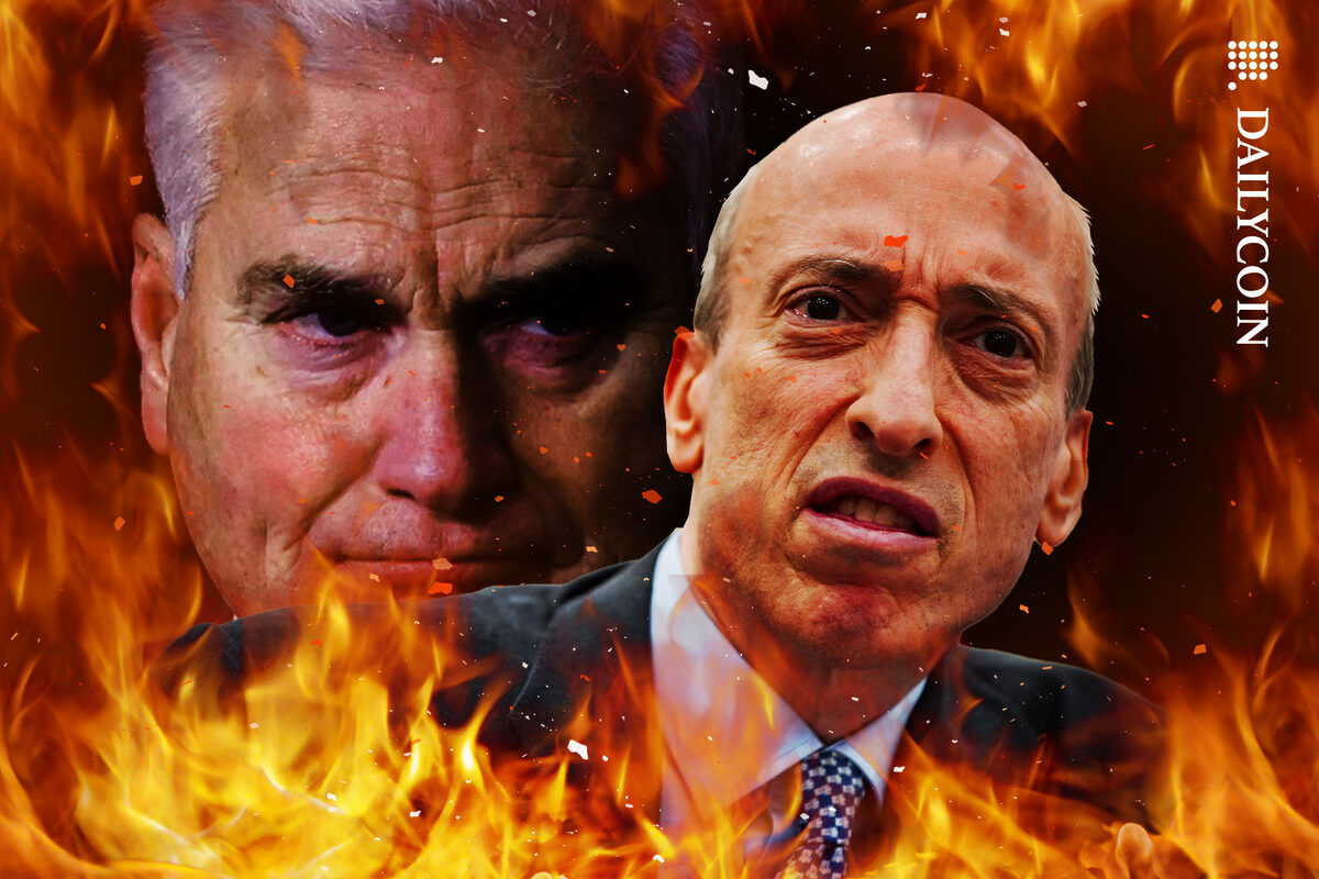 Gary Gensler surrounded by flames with an angry Tom Emmer in the background.
