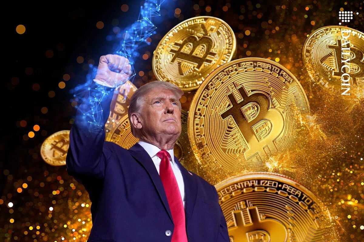 Donald Trump standing proudly infront of a bunch of Bitcoins.