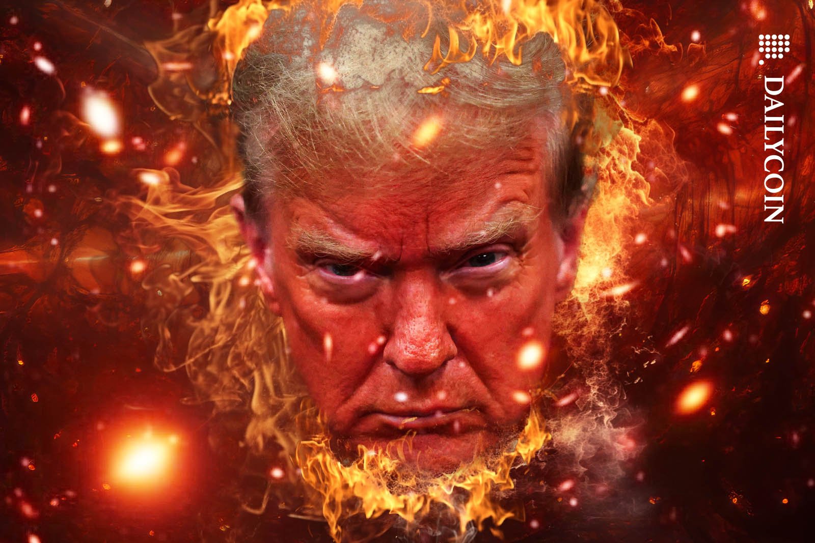 Angry Trump face surrounded by fire and smoke.