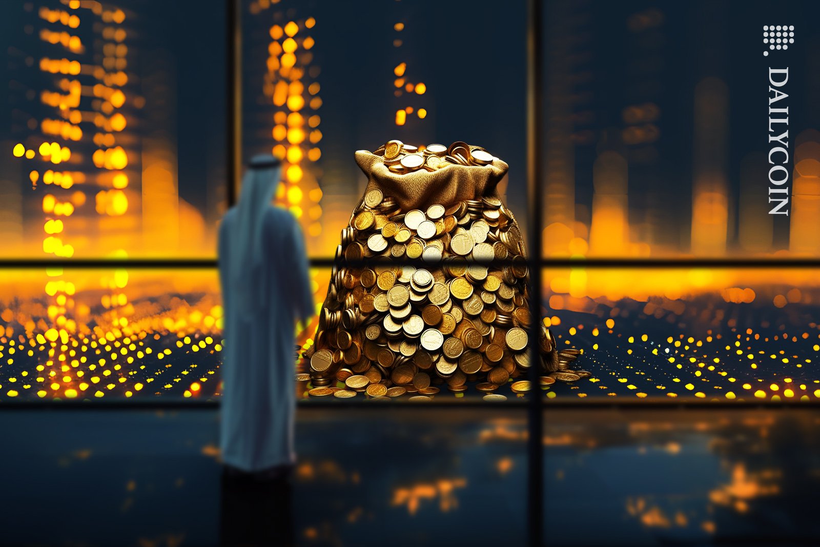 Bag of coins on United Arab Emirates digital land.