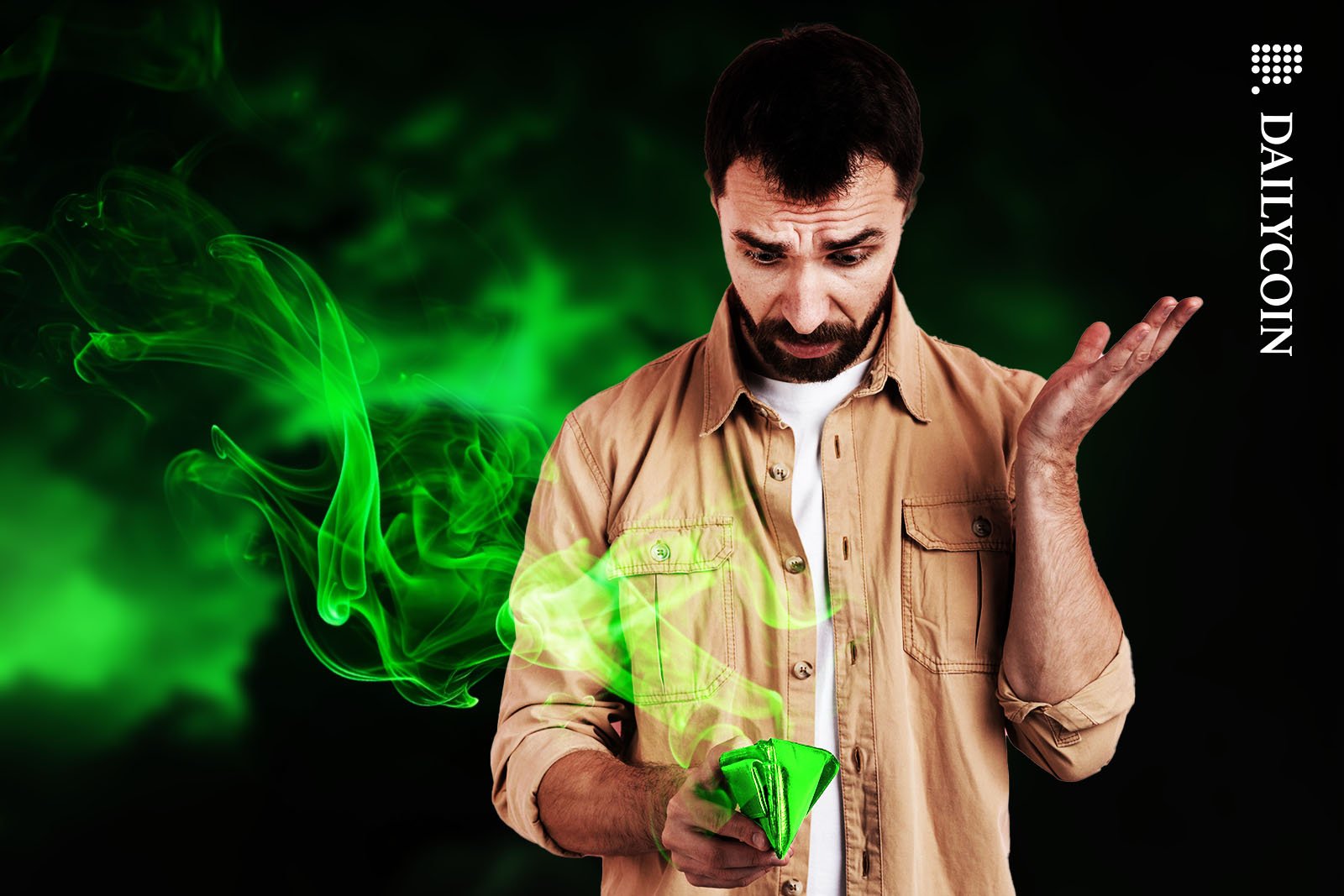 Bewildered man looking at his green wallet whit smoke coming out of it.
