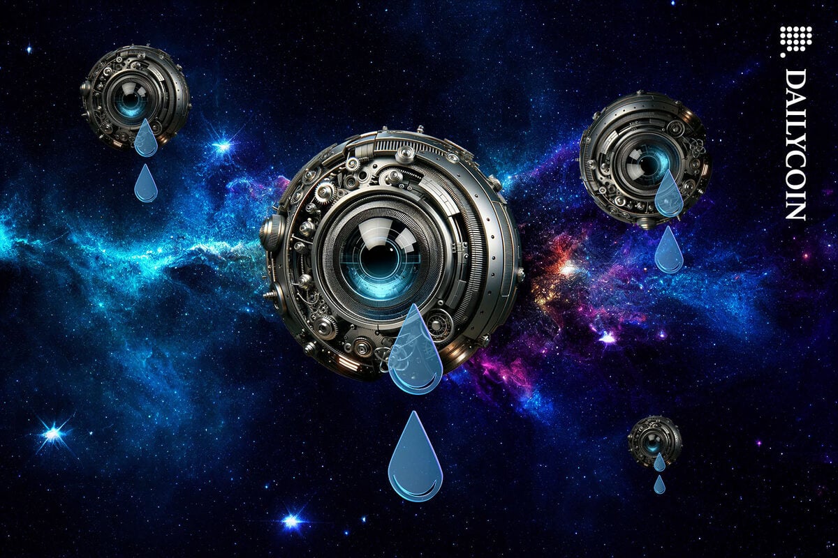 Giant robotic eyeballs floating in space dropping artificia teardrops.