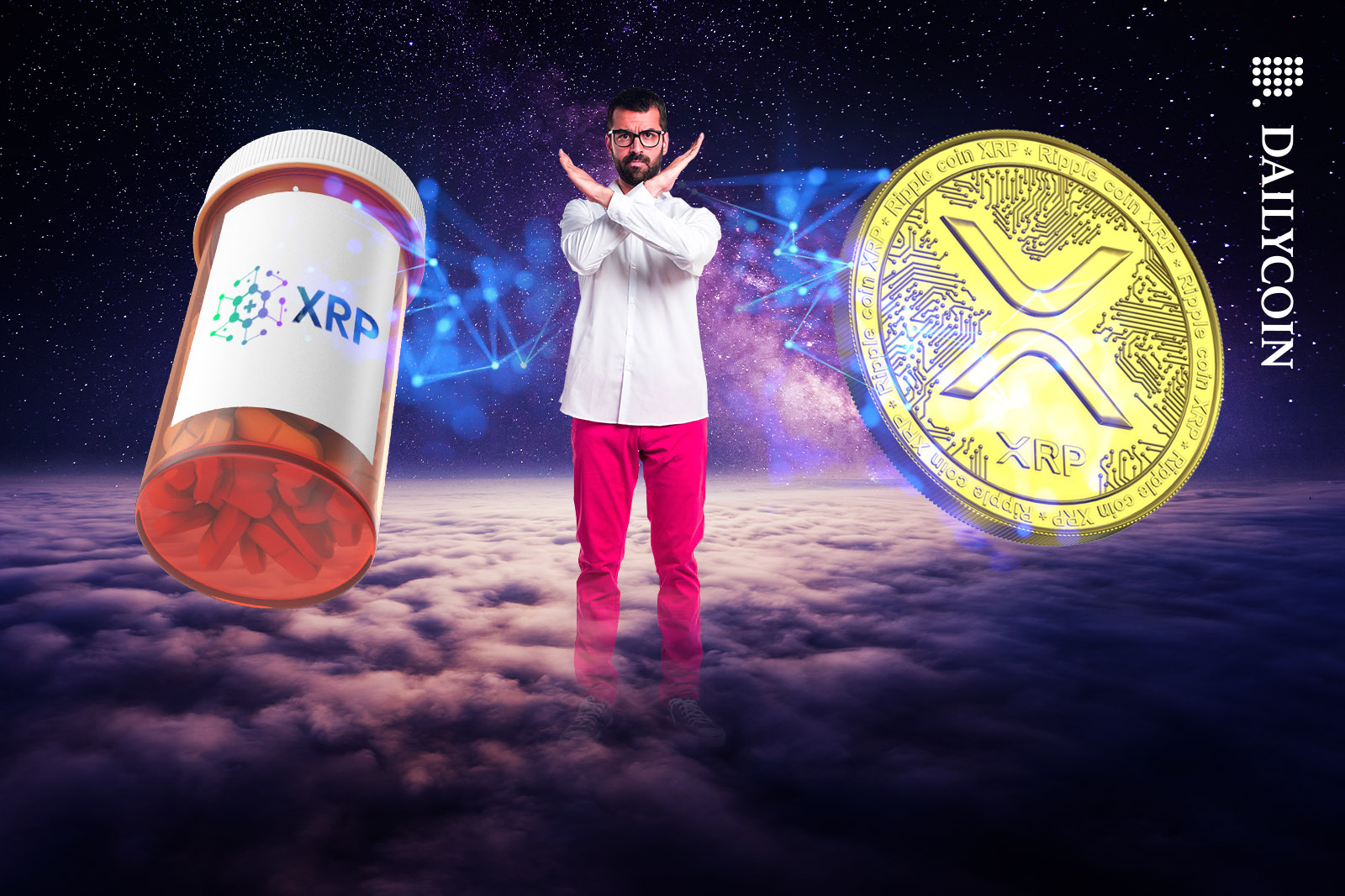 Man stopping the transaction between a XRPH pills and XRP coins whilst standing on clouds.