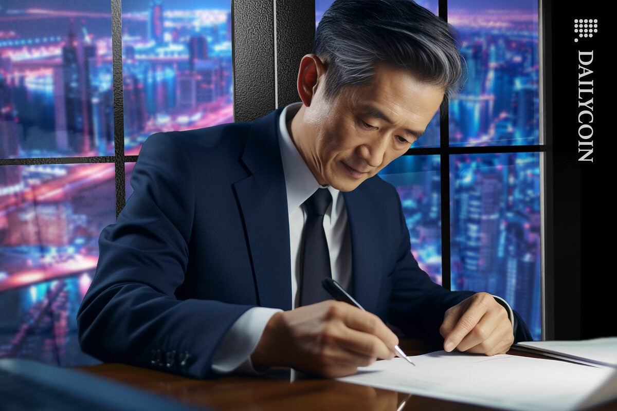 Guy in Asia signing some documents.