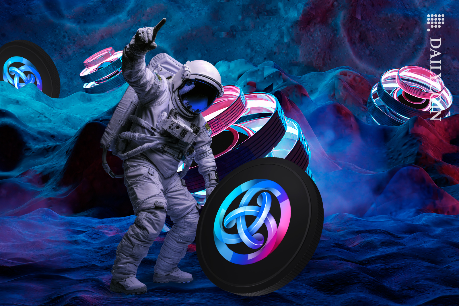 Spaceman showing number one gesture on a different planet net to ASTR coin.
