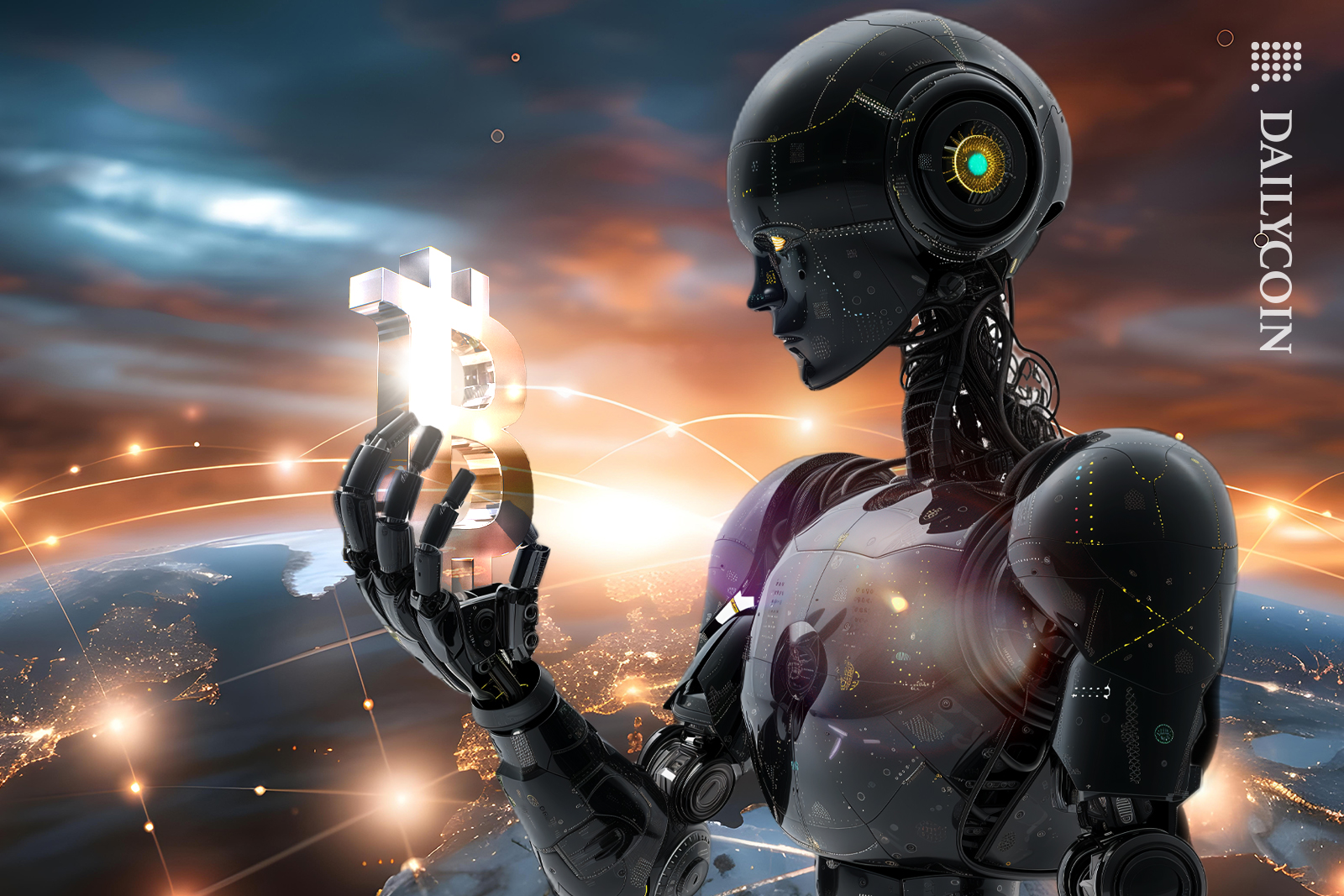 Cyborg lady holding a peace of bitcoin with a view of the world behind her.
