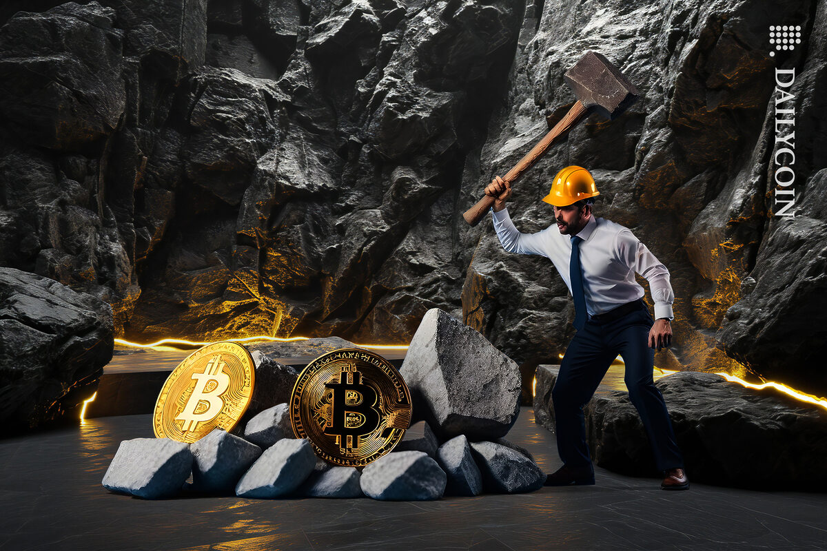 Guy craking bitcoin rocks in a cave.