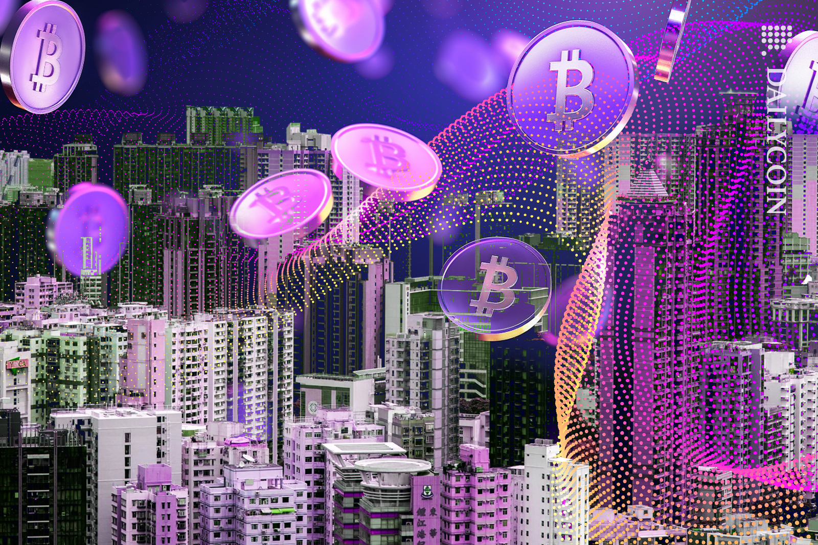 Plenty of bitcoins traveling through a digital wave in Hong Kong.