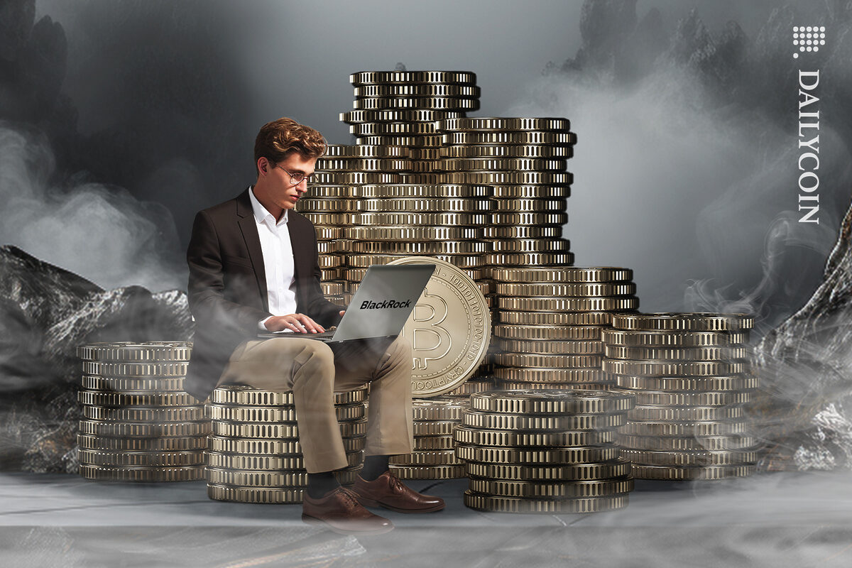 Guy sitting on black rock platform with a pile of bitcoins.