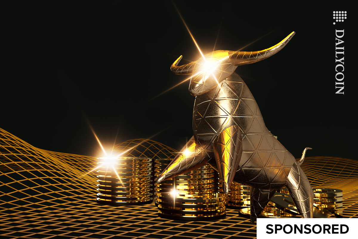Bull ready to run with his gold crypto coins.