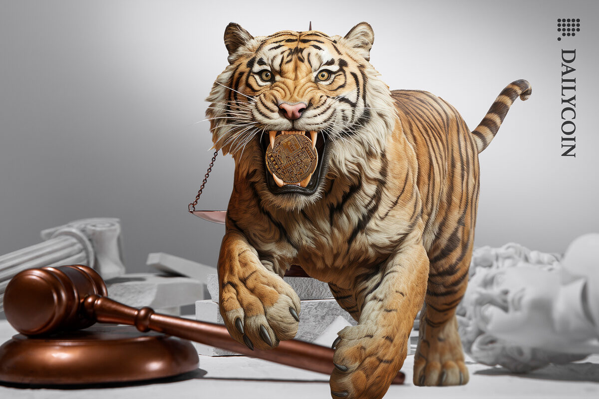 Angry tiger knocking everying on a law objects table. with a crypto coin in his mouth.