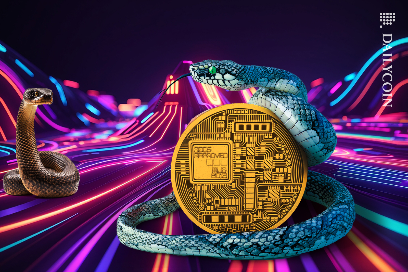 Snake holding a crypto coin.