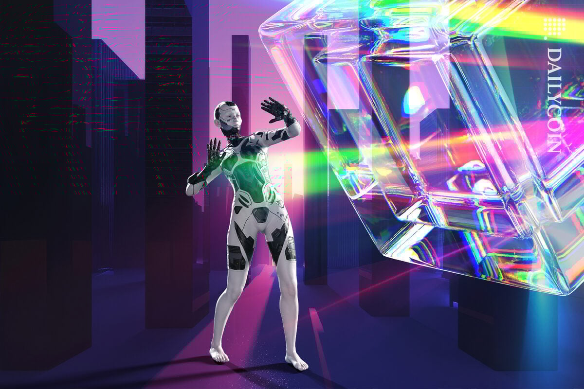 Cyborg is stunned with a digital blockchain cube shinning.