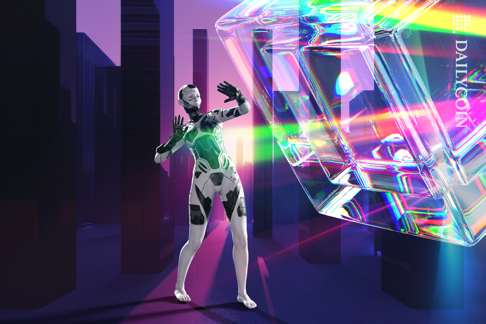 Cyborg is stunned with a digital blockchain cube shinning.