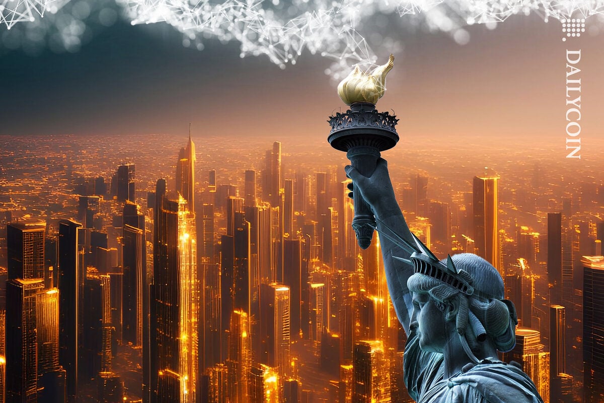 Statue of Liberty releasing DeFi connection covering the whole city.