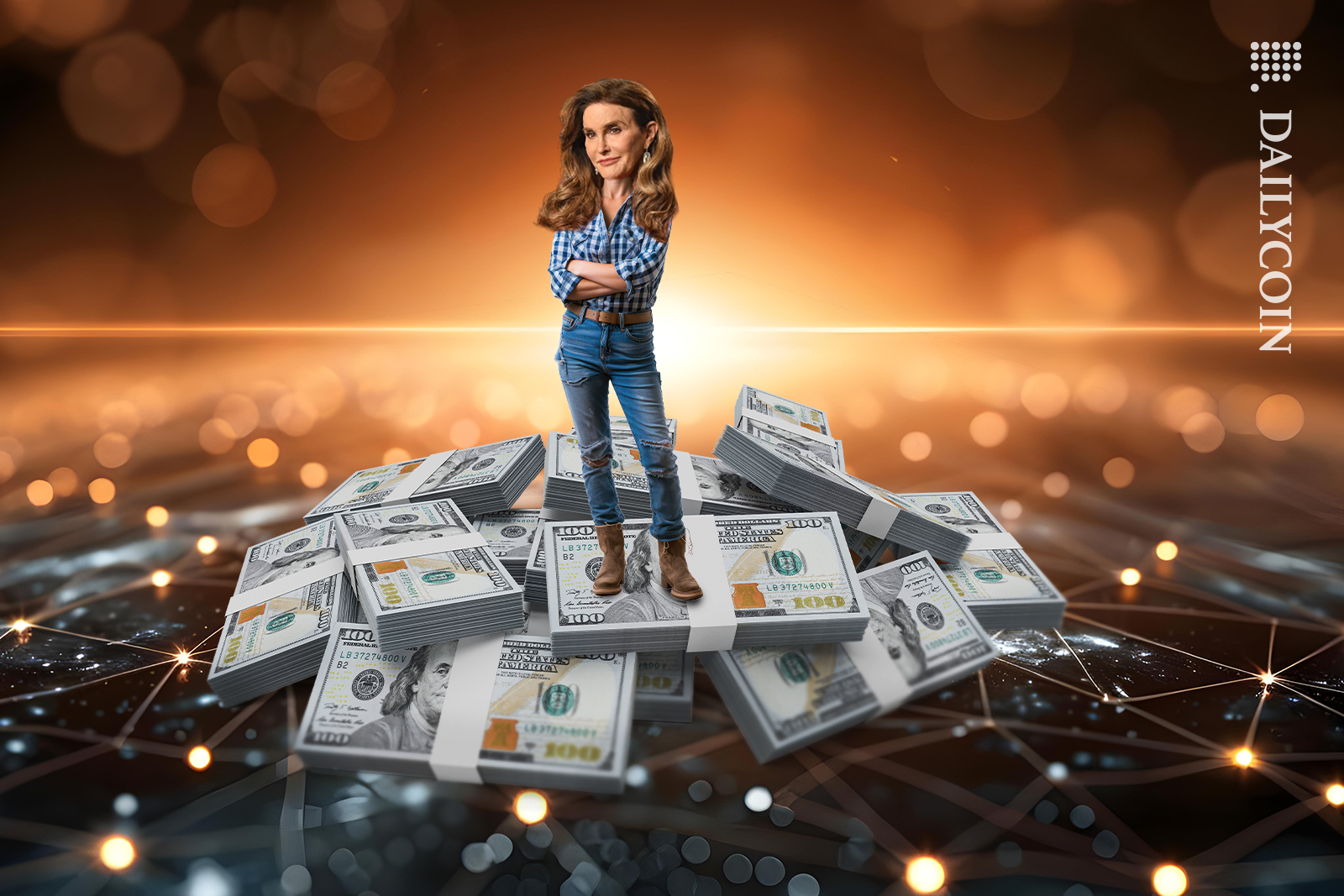 Caitlyn Jenner standing on top of cash pile on defi land.