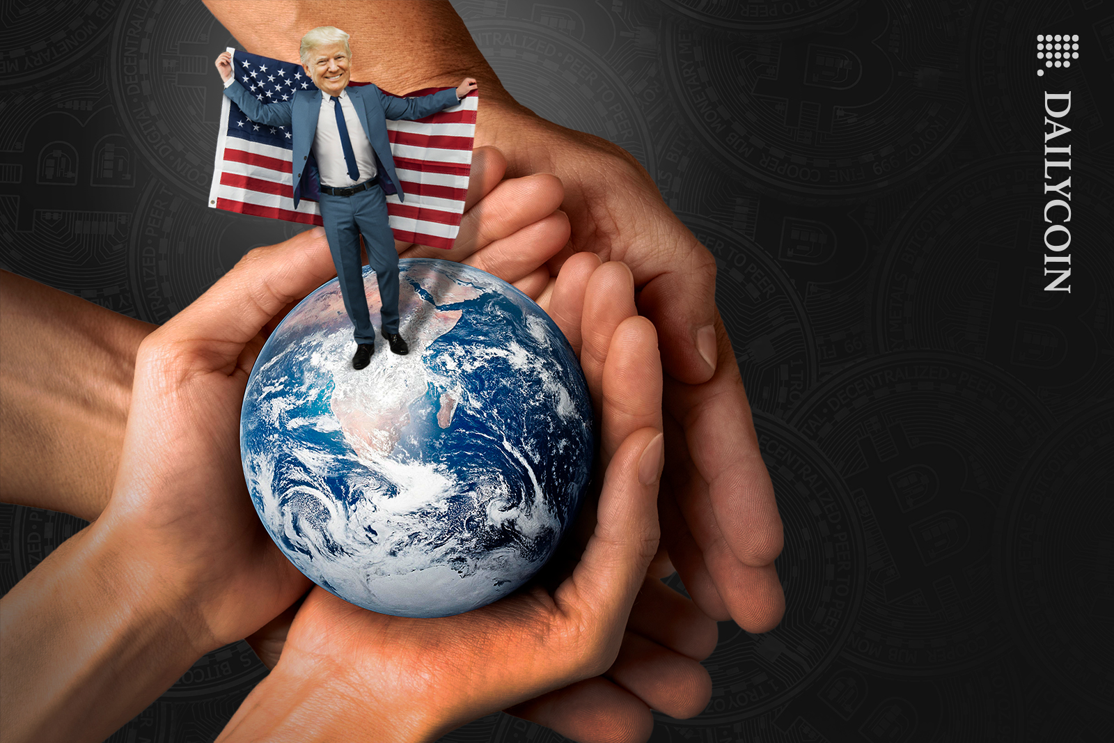 Donald Trump standing on top of the world in peoples palms. Holding the USA flag in hand. Bitcoins in background.