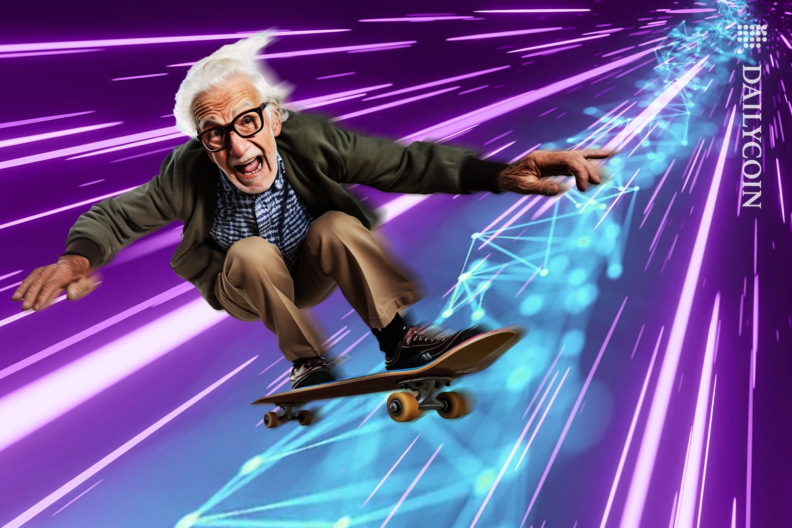 Elderly man riding a skateboard super fast on a DEFI network.