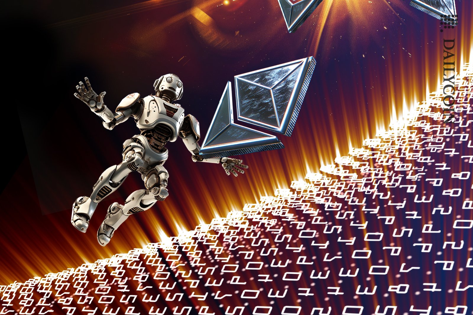 Robot jumping up in the air with ore of ethereum flying above the code.