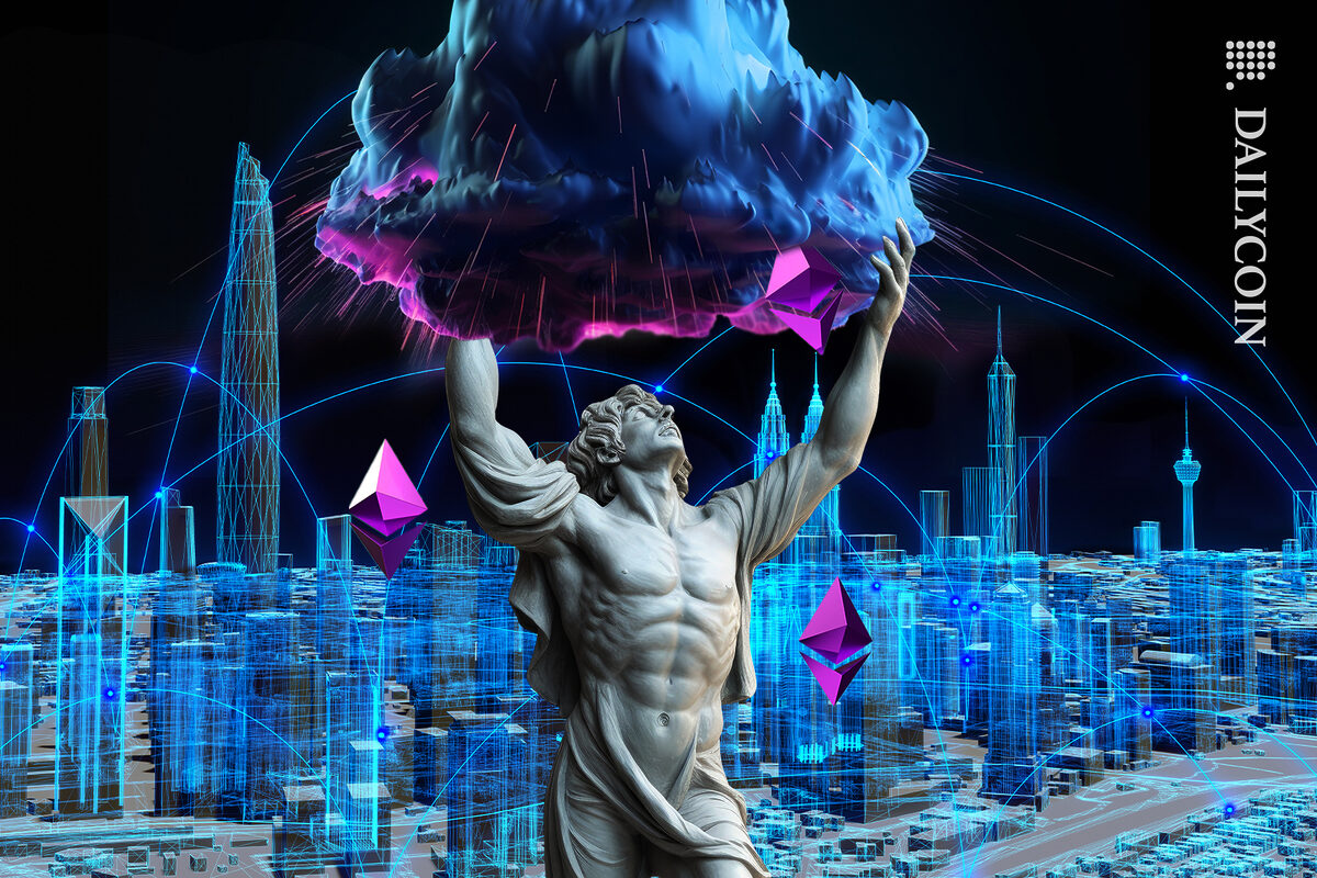 Sculpture holding a ethereum cloud over a city.