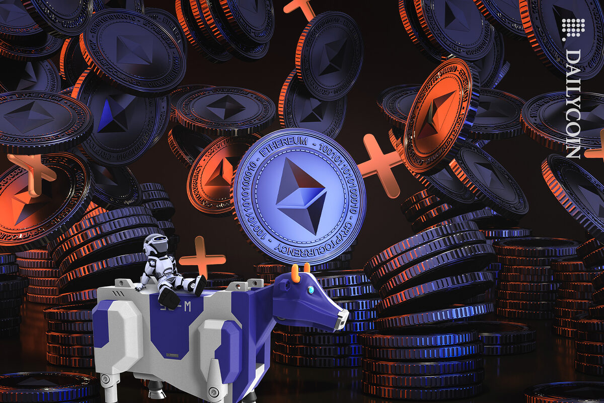 Little robot sitting on a digital cow looking up at added Ethereum coins.