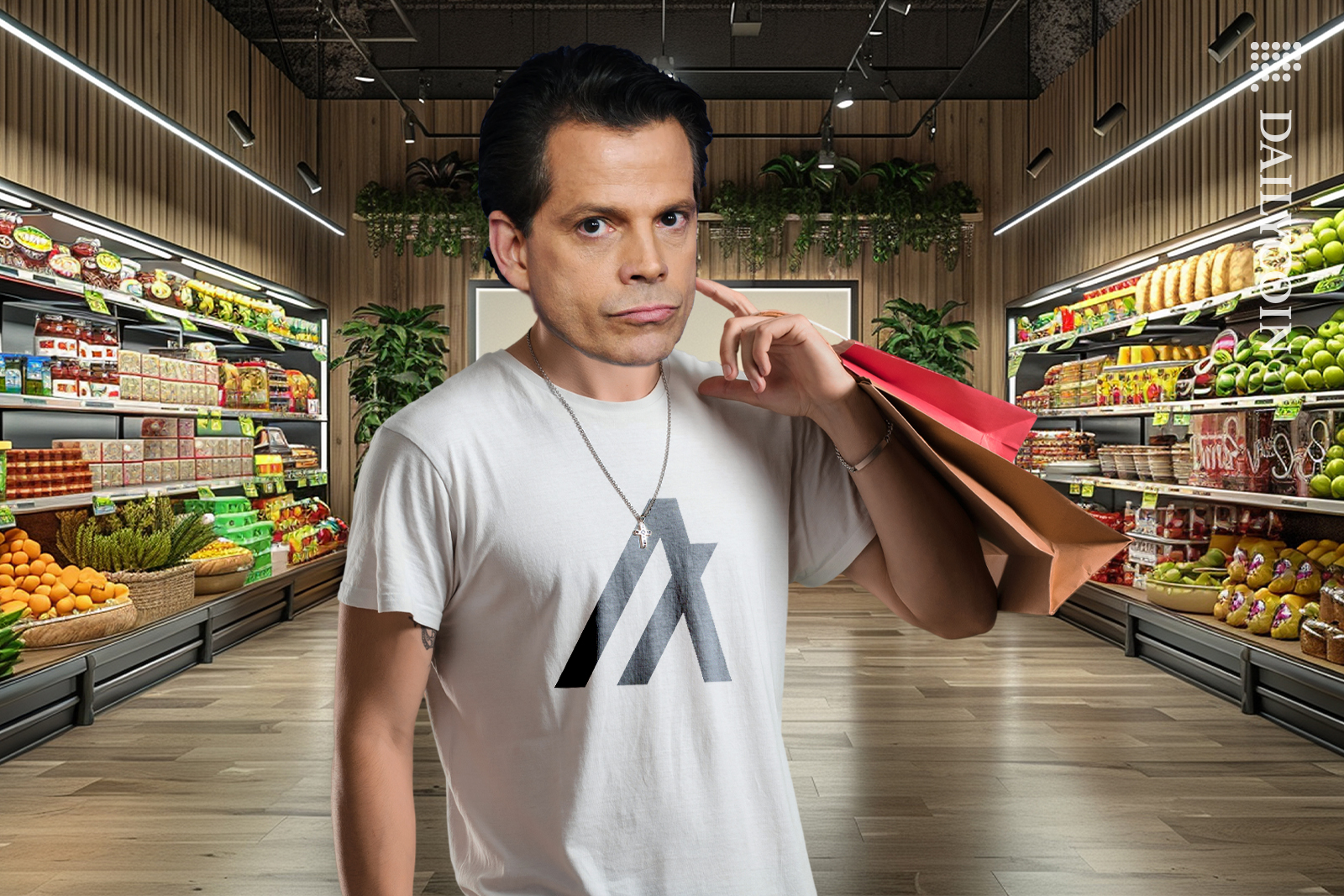 Anthony Scaramucci doing some grocery shopping wearing an Algorand t-shirt