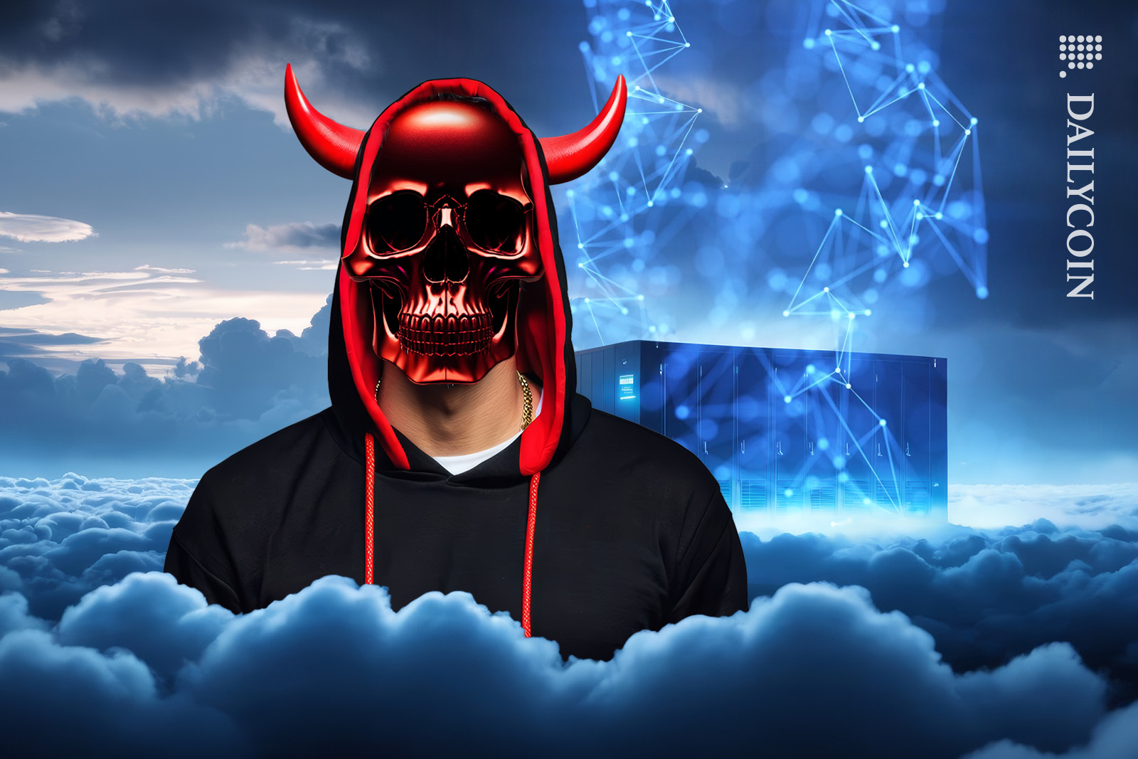 Hacker devil with his new technology up in the sky.