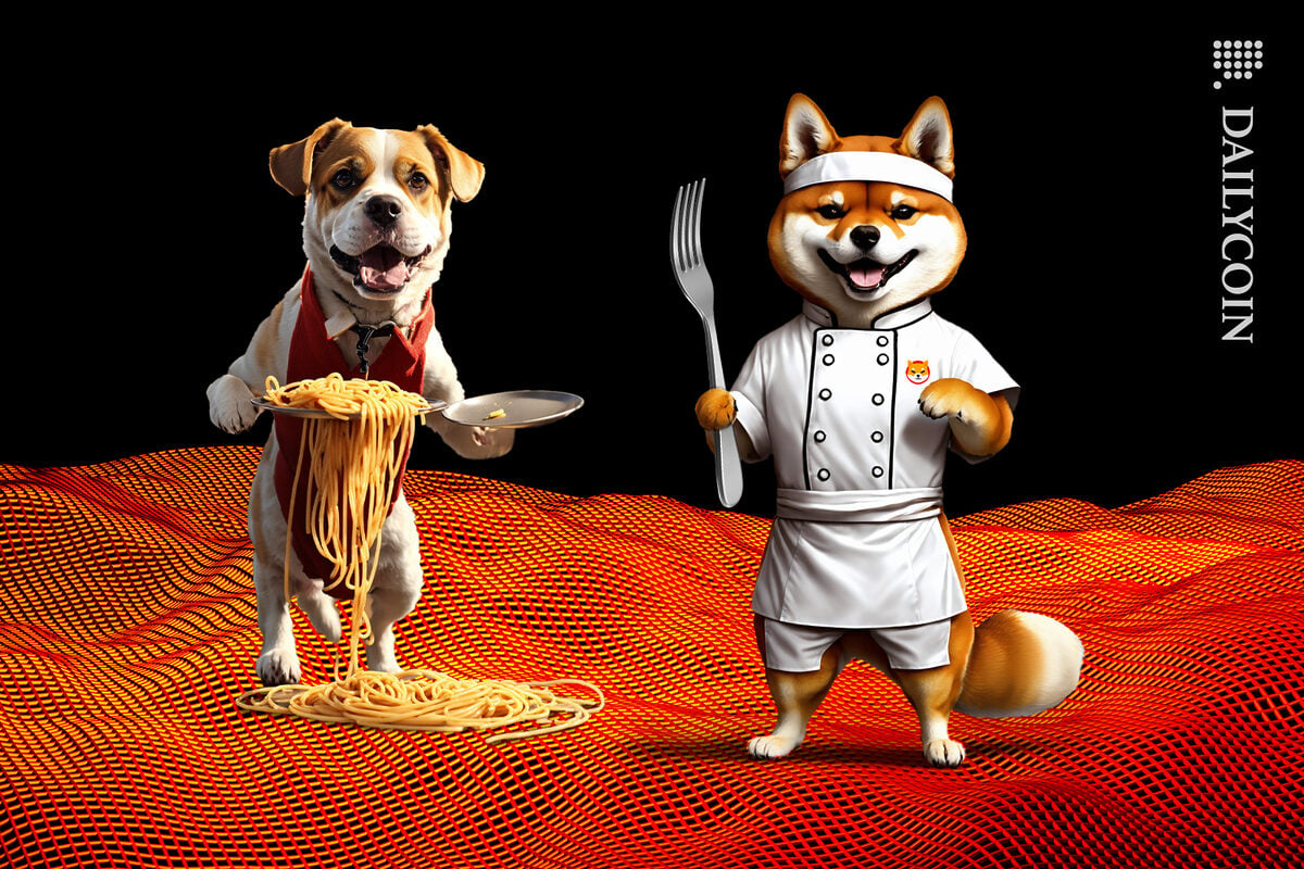 Shiba Inu chef and his waiter cooked up some noodles and providing you a fork.