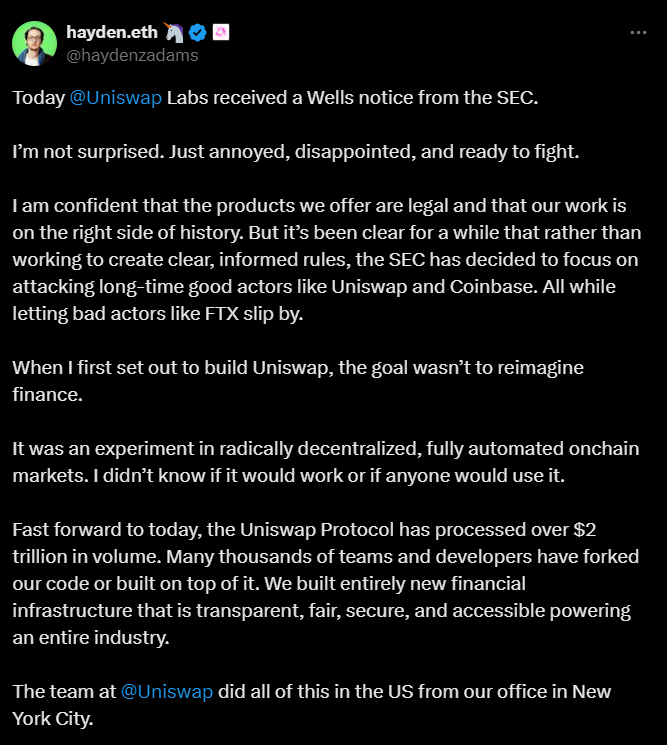 A tweet from hyden.eth about Uniswap and SEC legal battle.