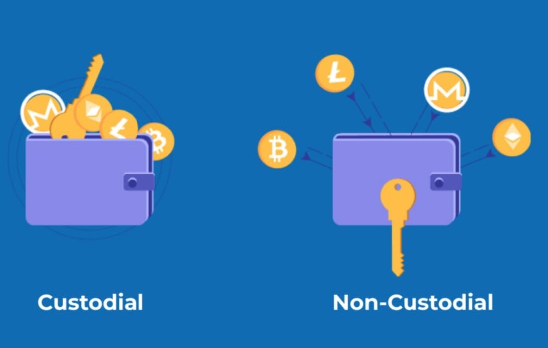 Vectors explaining differences between custodial and non-custodial wallets.