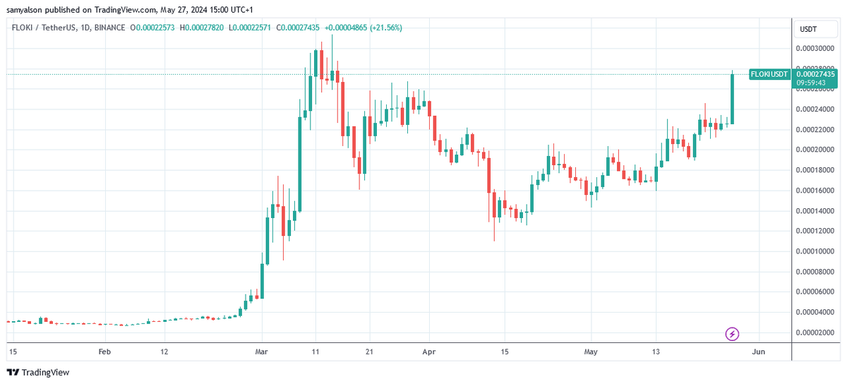 Floki daily price chart (dollars per trading view)