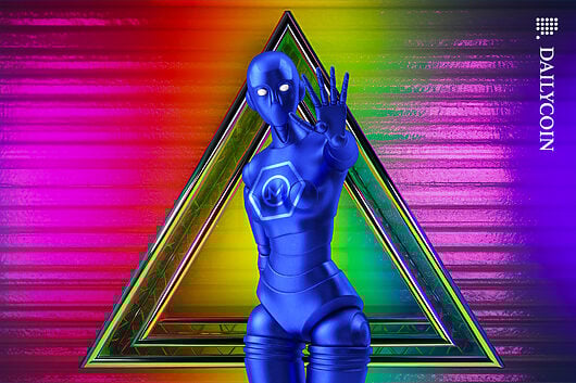 Monero Local robot lady giving you the ''do not enter'' hand gesture next to a warning sign.